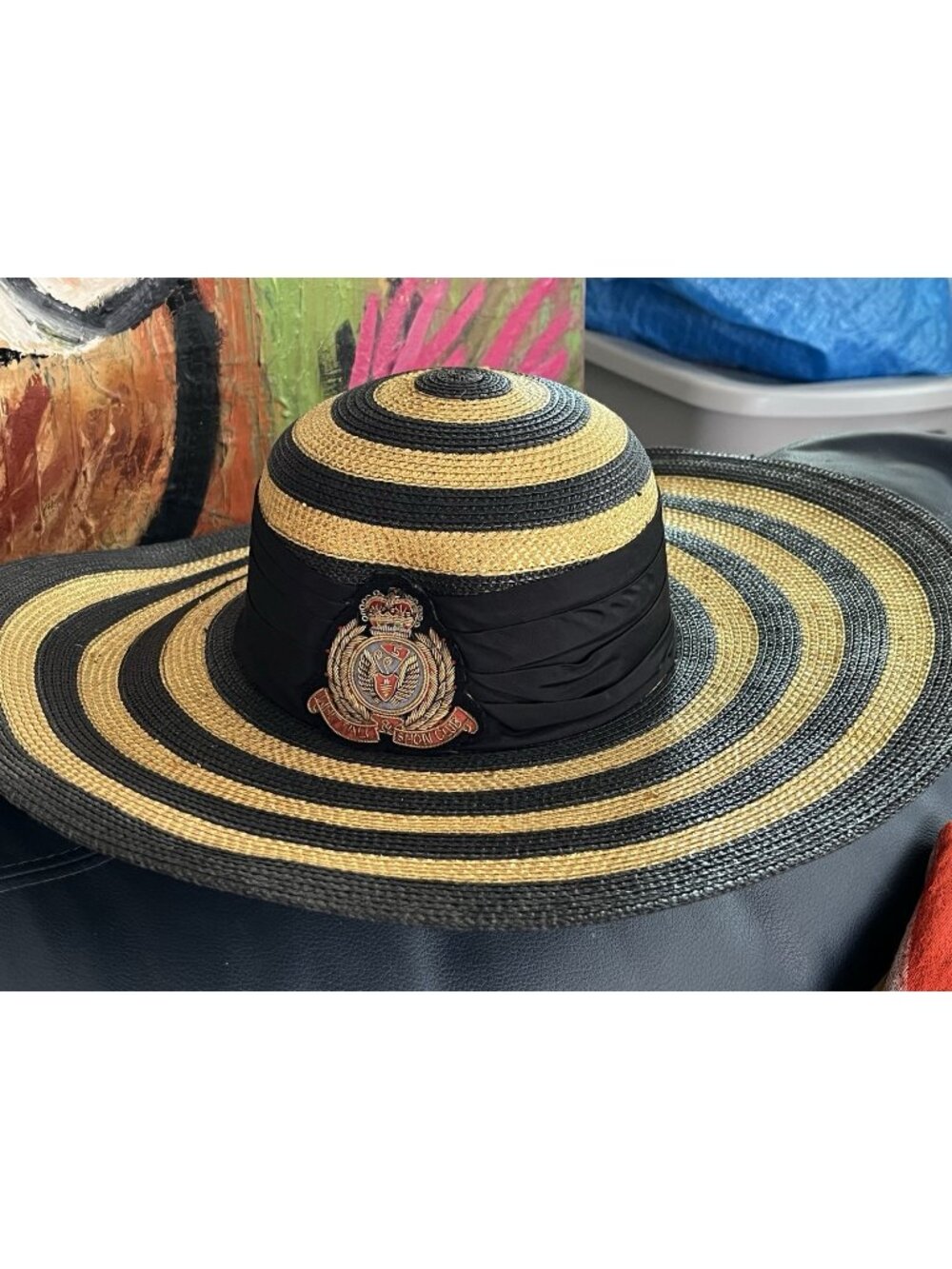 Whittall & Shon Wide Brim Straw Hat Black Gold Striped Royal Crest Derby Beach